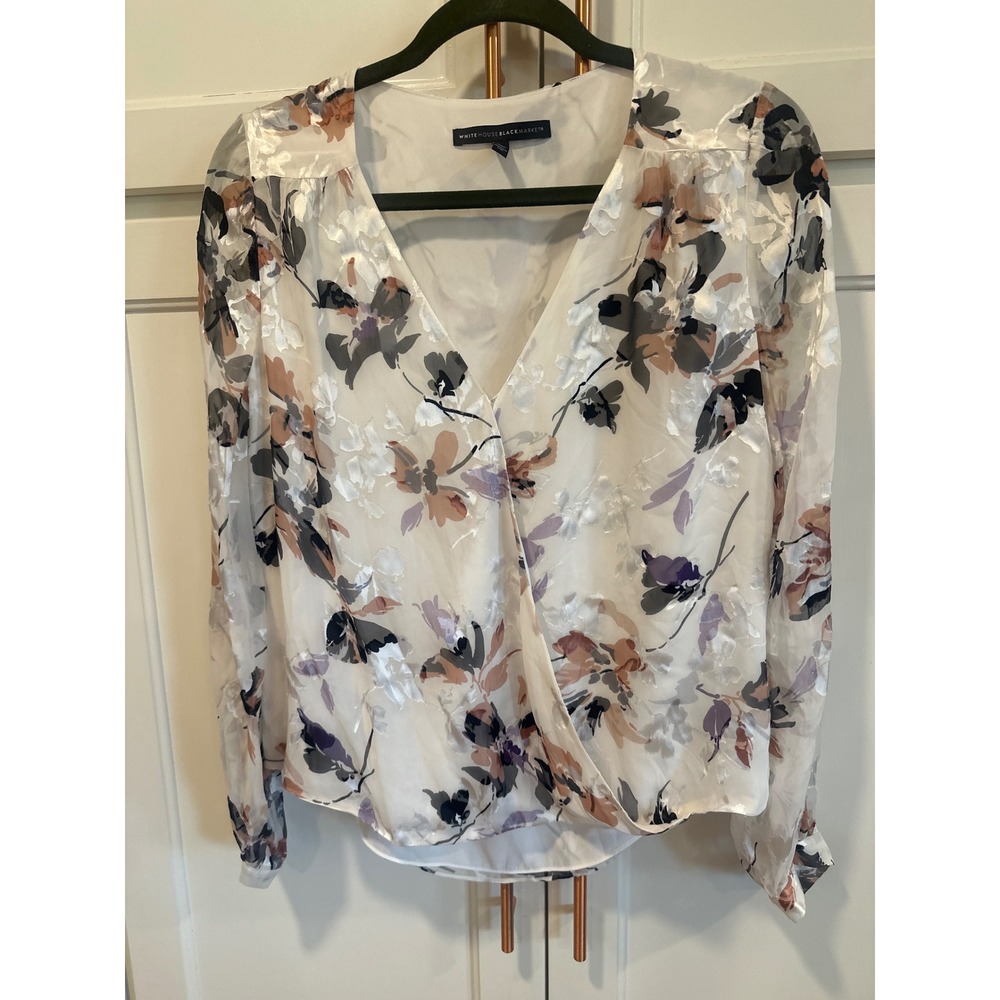 White House Black Market Silk Blend Burnout Floral Wrap Blouse Sz 8 dressy boho
